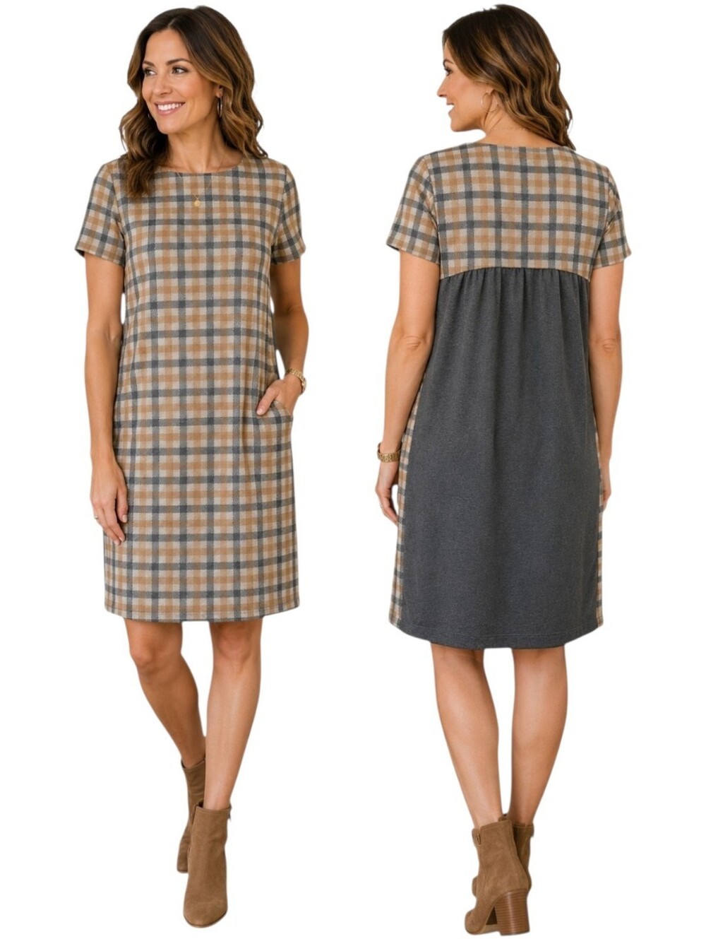 J. Jill Plaid Ponte Shift Dress Women M Gray Tan Check Short Sleeve Pockets